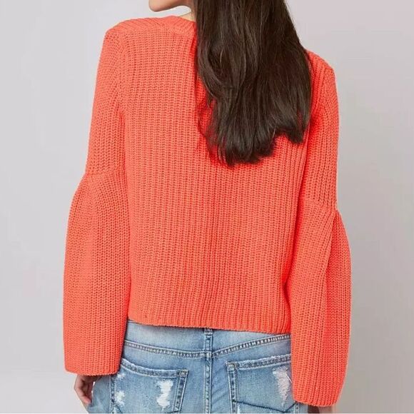 Free People Damsel Sweater Coral V Neck Bell Sleeves Cotton Ribbed Chunky Knit - Picture 5 of 12